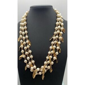 Vintage Avon Multi Layered Faux Pearl Necklace with Dangling Gold Tone Leaves